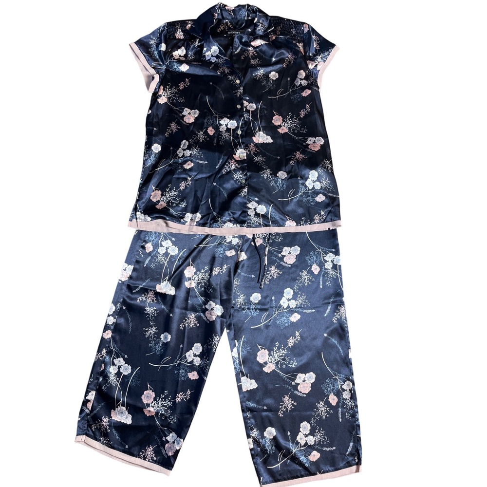 Ellen Tracy Navy Floral Satin Pajama Set Short Sleeve Button Top Crop Pants M